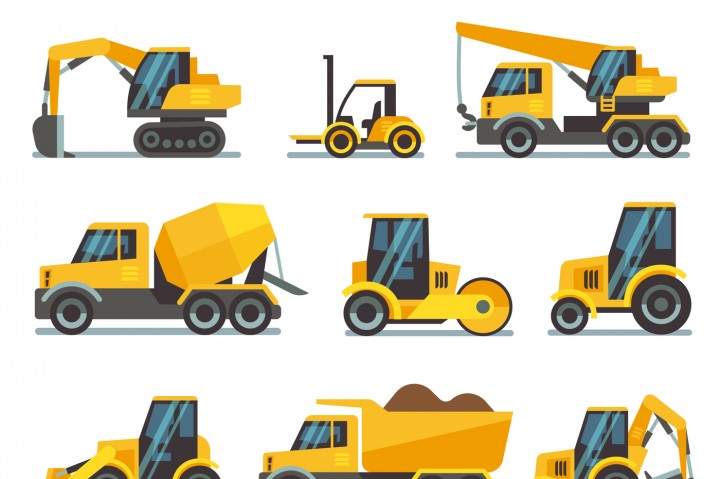 720x479 Industrial Construction Equipment And Machinery Flat Vector Icons