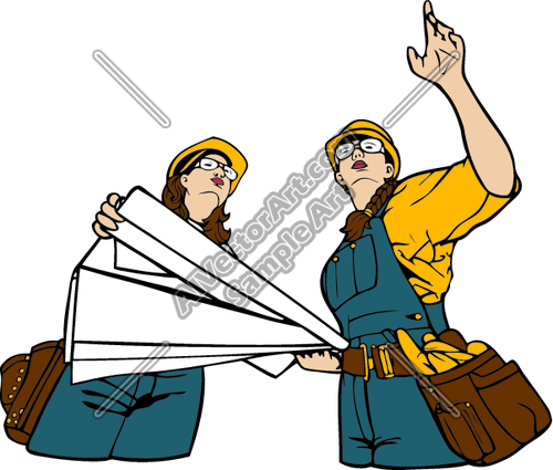500x425 Female Construction Workers With Blueprints Clipart And Vectorart