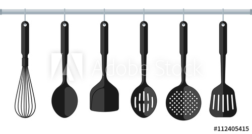 500x267 Black Plastic Kitchenware Isolated On White Background. Flat