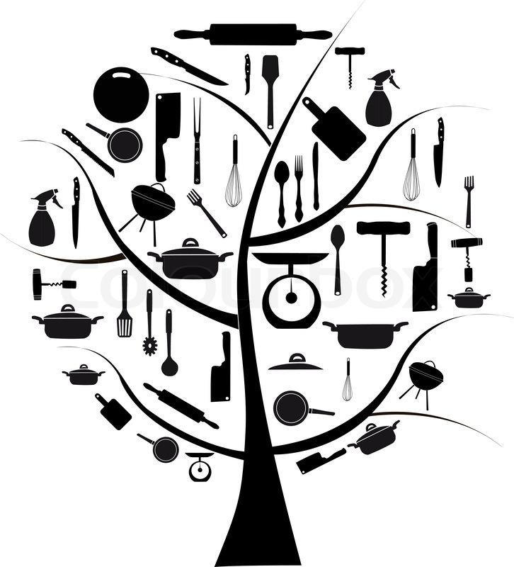 726x800 Vector Tree With Different Kitchen Tools For Cooking Stock