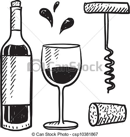 446x470 Wine Objects Sketch. Doodle Style Wine Set Illustration In Vector