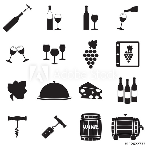 500x500 Wine Icon Set With Wine Bottle, Grape, Glass, Corkscrew. Vector