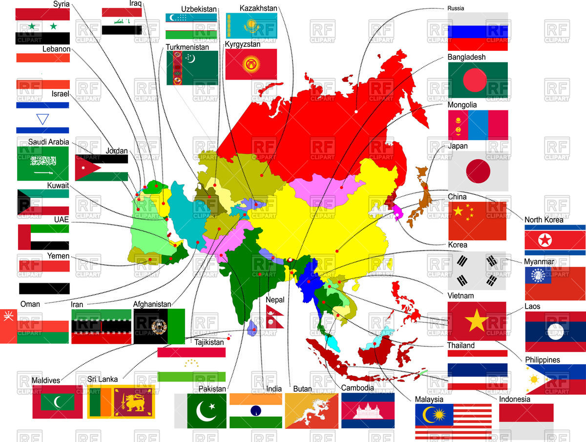 1200x905 Map Of Asia With Country Flags Vector Image Vector Artwork Of