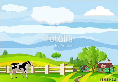 500x348 Countryside Vector Illustration, Cows And Farm Houses On Green