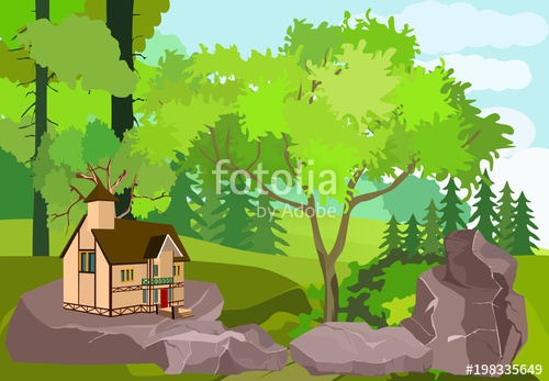 500x347 Countryside Vector Illustration, House In The Forest On Green