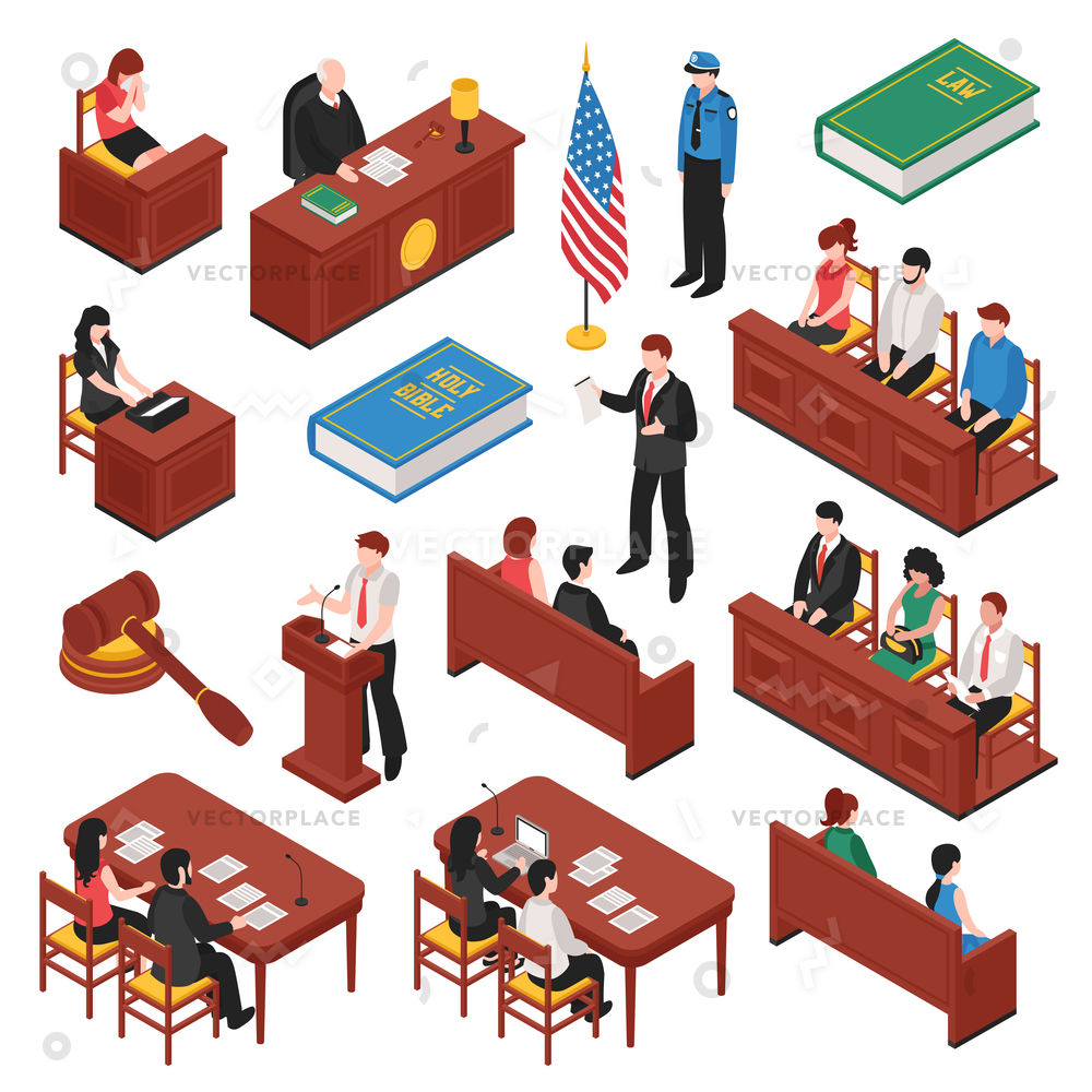 1000x1000 Law Order Isometric Set Jury Court Vector Illustration 13671