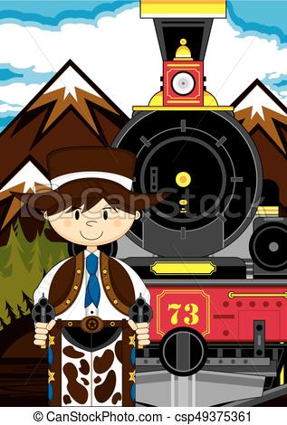 317x470 Cartoon Train And Cowboy. Cute Cartoon Vintage Wild West Train And