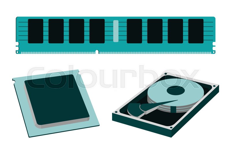 800x533 Cartoon Parts For Personal Pc Icon. Hdd, Ram, Cpu. Vector