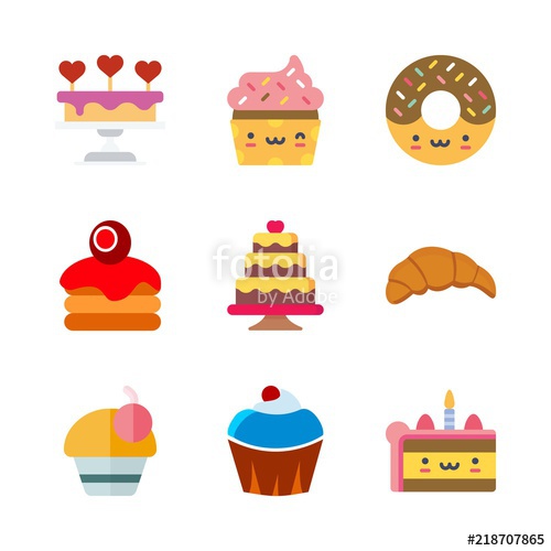 500x500 Cake Vector Icons Set. Crepe, Kruassan, Donut And Piece Of Cake In