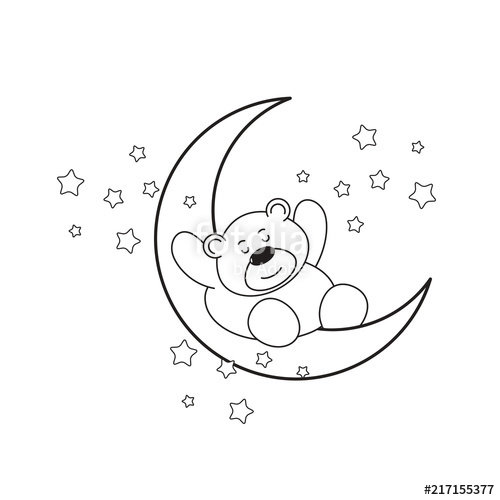 500x500 Black Outline Cute Baby Bear Cartoon Sleeping On Crescent Vector