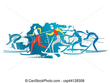 450x338 Cross Country Skiers. A Stylized Drawing Of Cross Country Ski