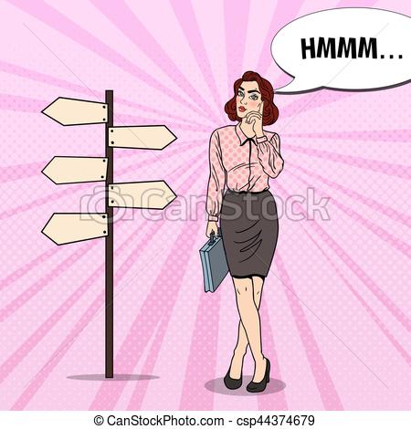 450x470 Pop Art Doubtfull Business Woman On Crossroads Pointer Sign