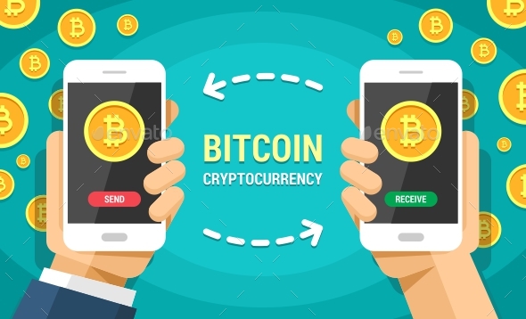 590x358 Two Hands Holding Mobile Phones With Bitcoin Cryptocurrency Vector