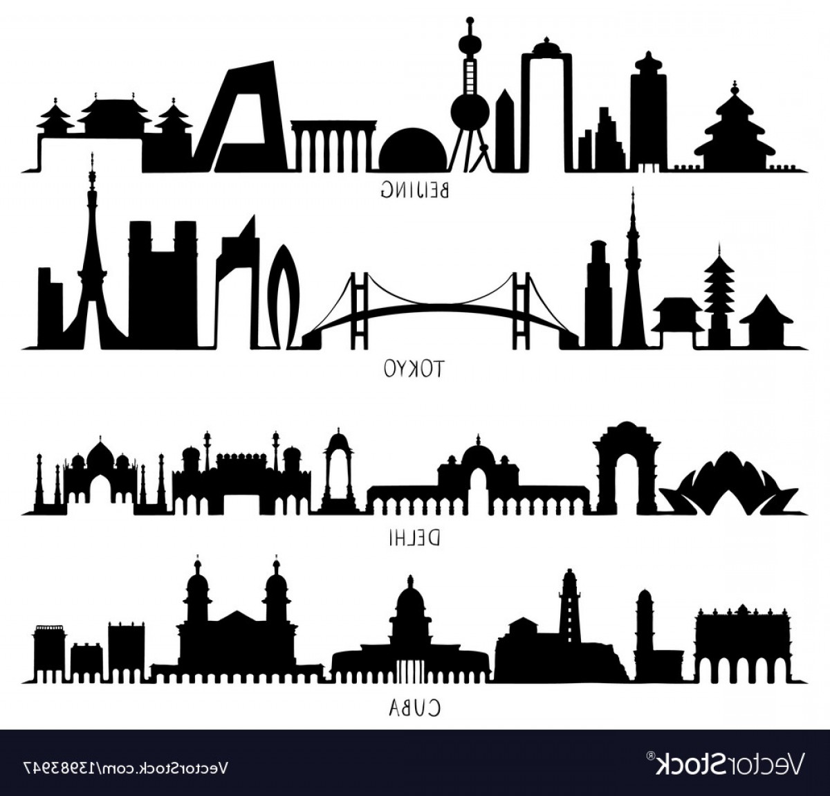 1200x1150 Skyline Silhouette Beijing Tokyo New Delhi Cuba Vector Shopatcloth