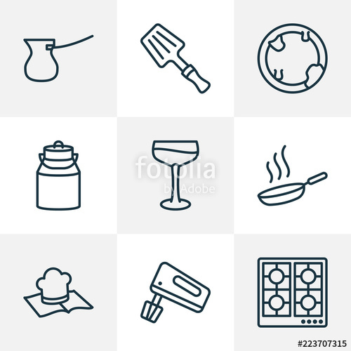 500x500 Culinary Icons Line Style Set With Milk Can, Stove, Recipe Book