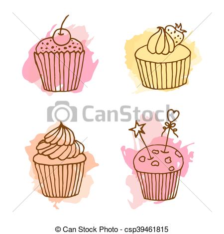 450x470 Vector Cupcake Illustration. Set Of 4 Hand Drawn Cupcakes