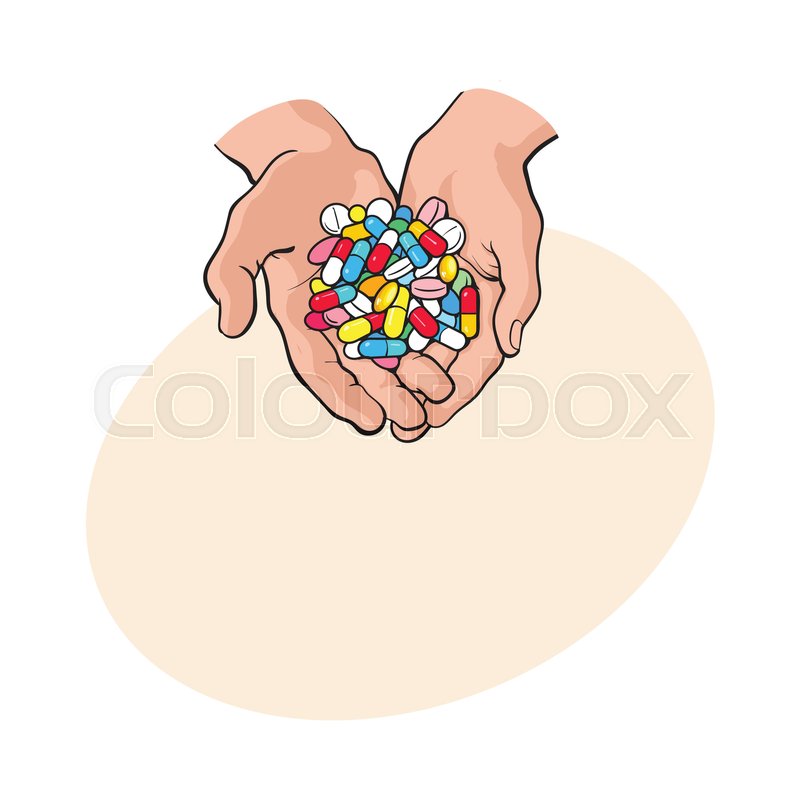 800x800 Two Cupped Hands Holding Handful, Pile Of Colorful Pills, Tablets