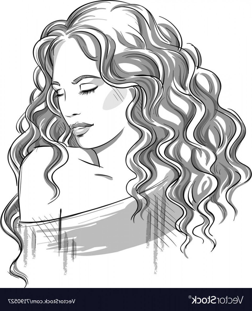 1052x1296 Sketch Of A Beautiful Girl With Curly Hair Vector Shopatcloth