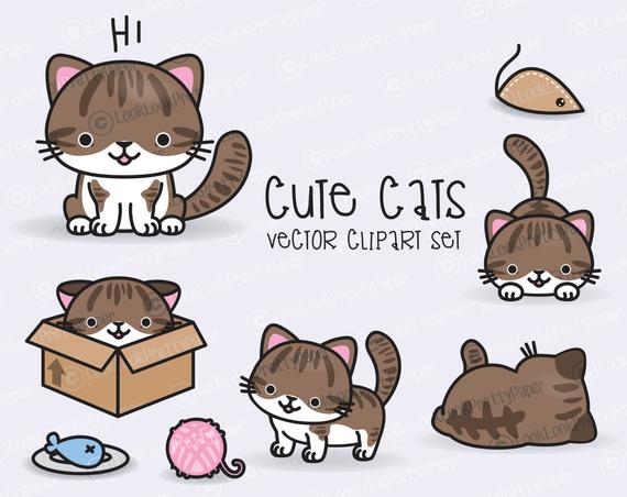 570x452 Premium Vector Clipart Kawaii Cats Cute Cats Clipart Set Etsy