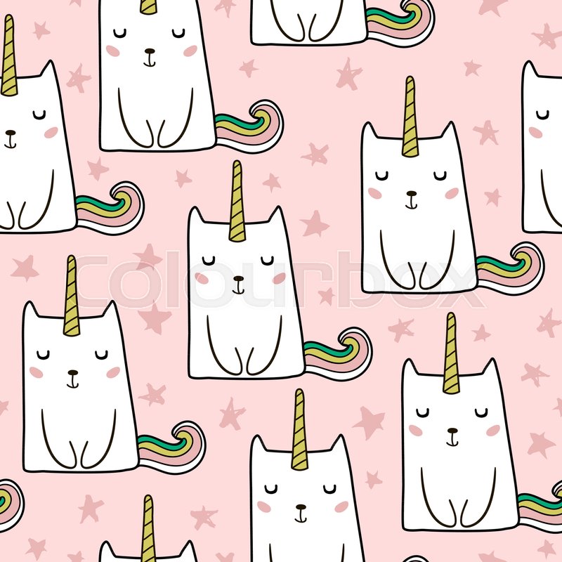 800x800 Seamless Pattern With Hand Drawn Cute Cats Unicorn. Cartoon Cat