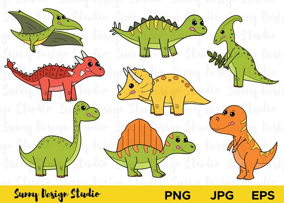 570x407 Cute Dinosaurs Clipart Cartoon Dinosaurs Vector Set Dinosaur Etsy