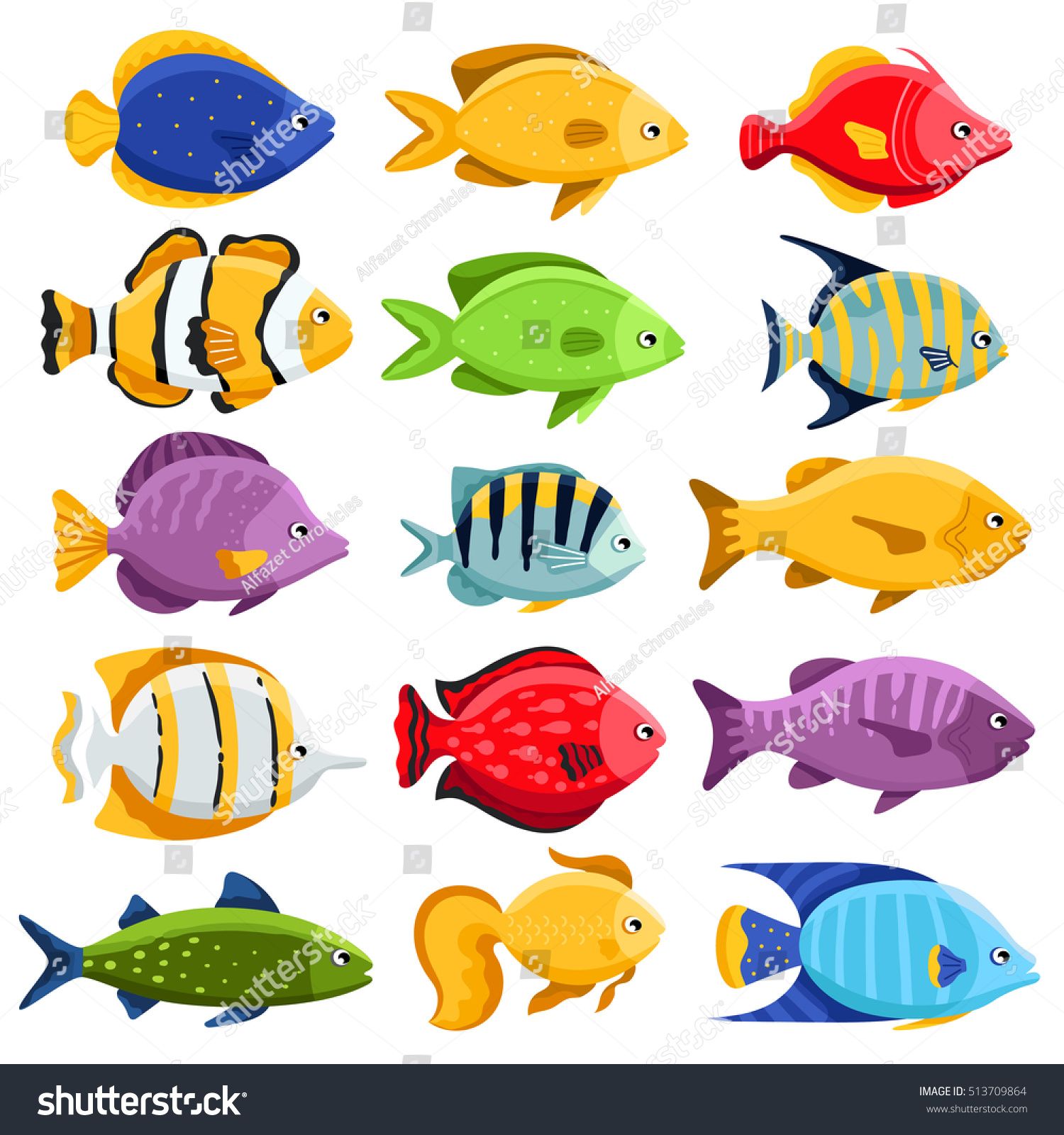 1500x1600 Funny Fish Vector Characters. Colorful Coral Reef Tropical Fish