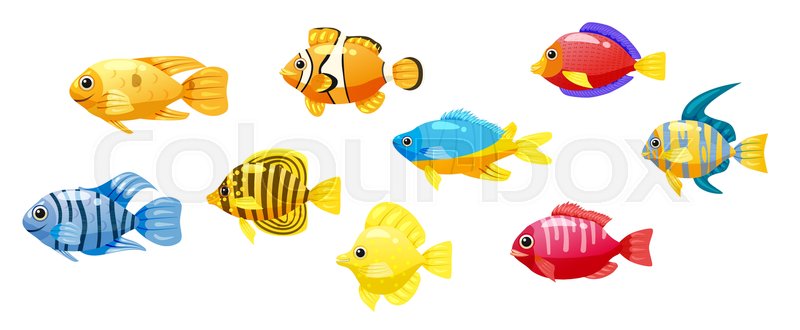 800x330 Set Cartoon Funny Fish Vector Characters. Colorful Coral Reef