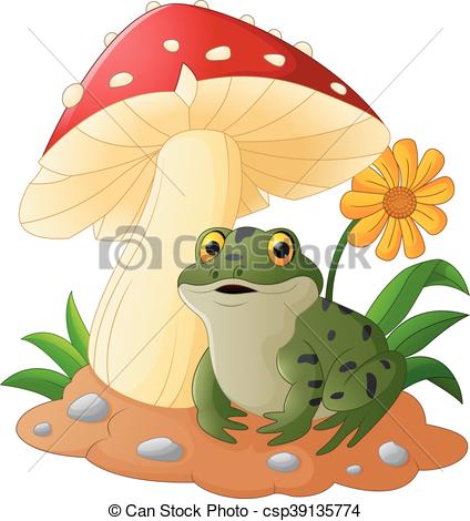 424x470 Vector Of Illustration Cute Frog With Mushrooms.