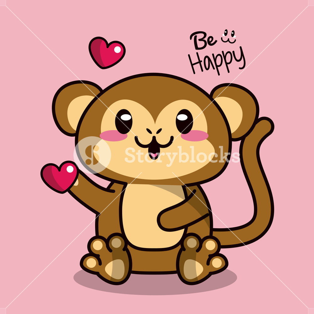 1000x1000 Pink Color Background With Cute Kawaii Animal Monkey Holding A
