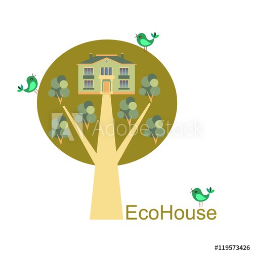 500x500 Eco House Vector. Card With Cute House, Trees And Birds.