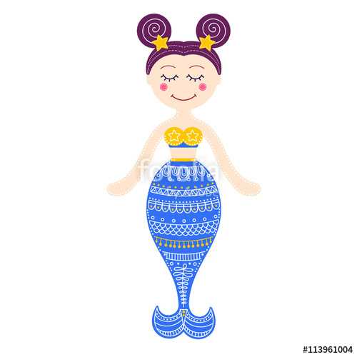 500x500 Cute Mermaid. Vector Hand Drawn Flat Mermaid With Doodle Ornament