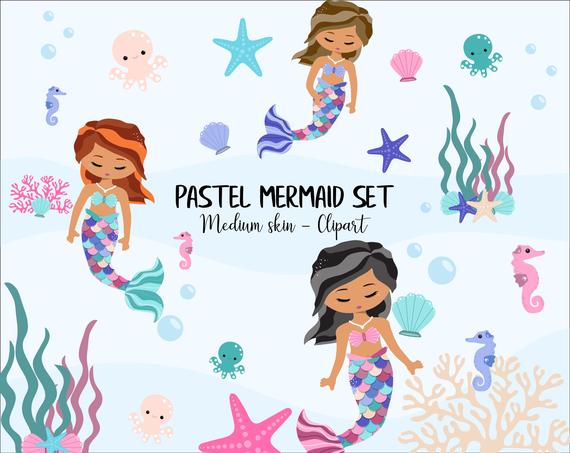 570x453 Pastel Mermaid Set Medium Skin Mermaid Vector Clipart Etsy