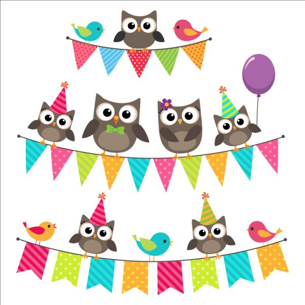 600x600 Happy Birthday Card And Cute Owls Vector 02 Free Download
