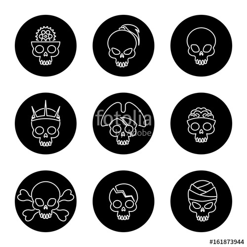500x500 Linear Skulls Icons On Black Circles. Vector Cute Skull Icons