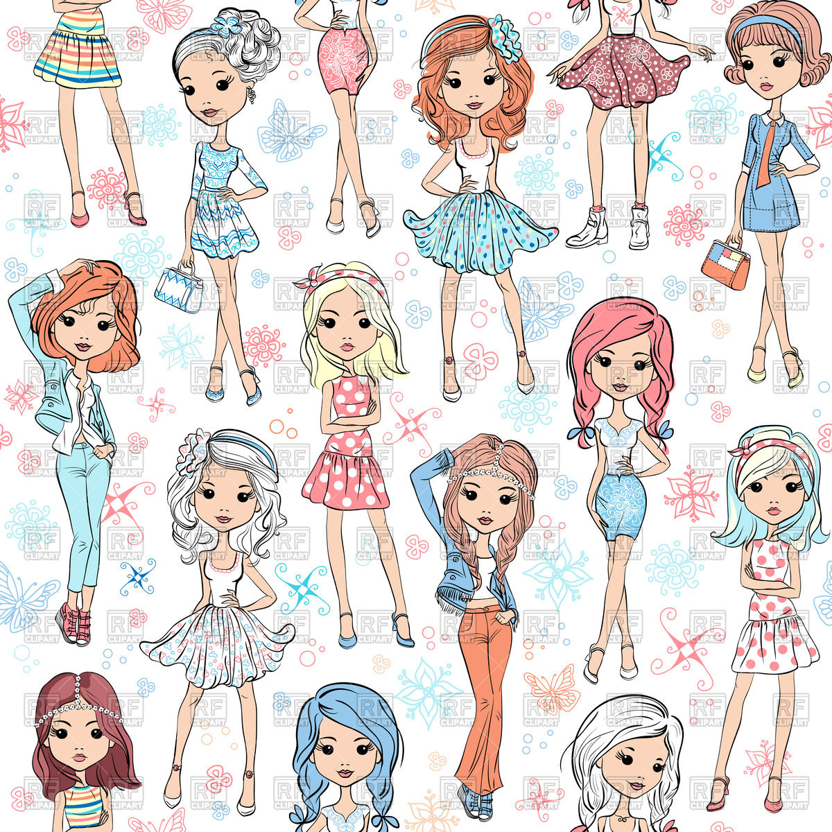 1200x1200 Seamless Background With Cute Beautiful Fashion Girls Vector Image