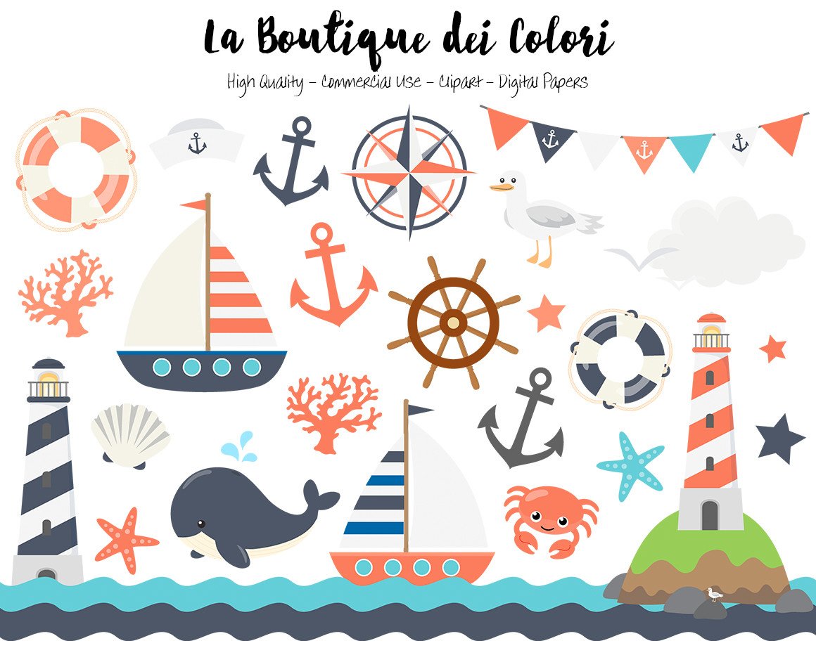 1160x922 Vintage Orange And Navy Nautical Vector Clipart La Boutique Dei