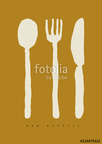 354x500 Hand Drawn Stylized Cutlery. Vector Fork, Spoon And Knife
