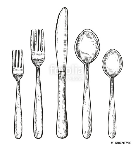 455x500 Set Of Cutlery Vector. Spoon Fork And Knife Hand Drawing