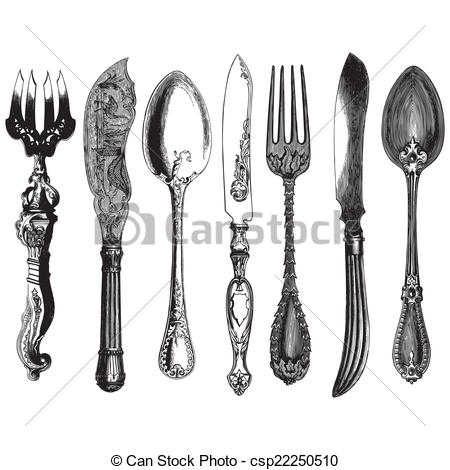 450x470 Vintage Cutlery. Ancient Style Engraving Of A Set Of Vintage