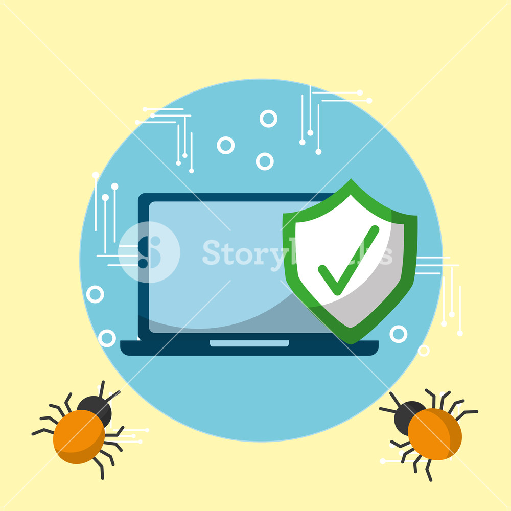 1000x1000 Laptop Checkmark Ok Bugs Virus Cyber Security Vector Illustration