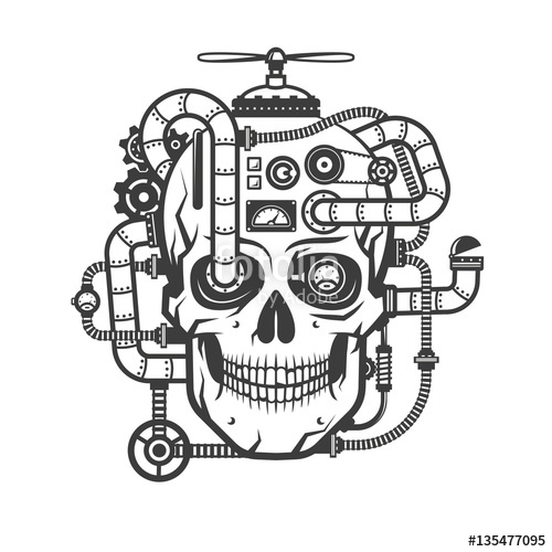 500x500 Steampunk Cyborg Skull With Integrated Devices. Monochrome Vector