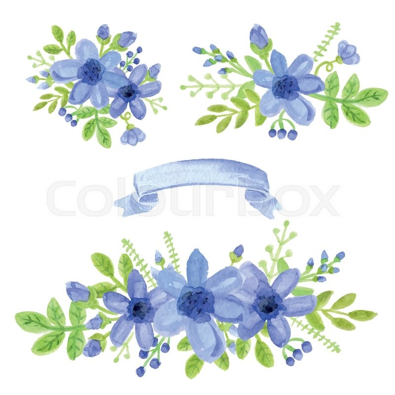 800x800 Watercolor Blue Daisy Flowers,green Branches,leaves In Bouquet Set