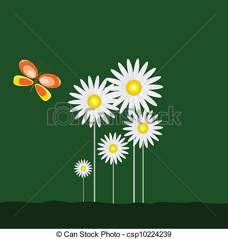 450x470 Daisy And Butterfly On Green Background Art Vector.