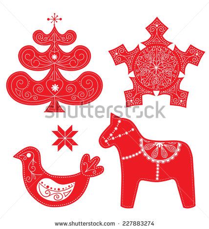 428x470 Scandinavian Christmas Red And White Decoration Set. Vector Dala