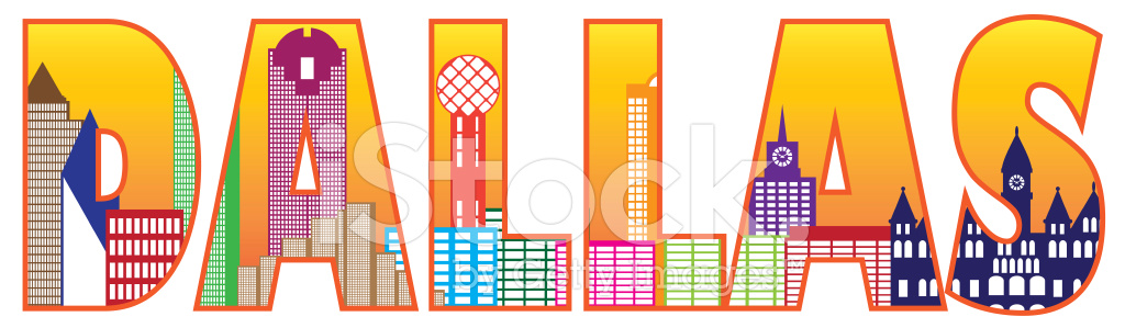 1024x299 Dallas City Skyline Text Outline Color Vector Illustration Stock