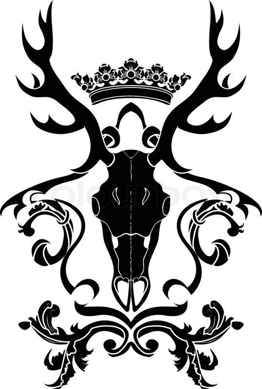 538x800 Emblem, Heraldic Symbol With Deer Skull And Crown, Stencil Stock