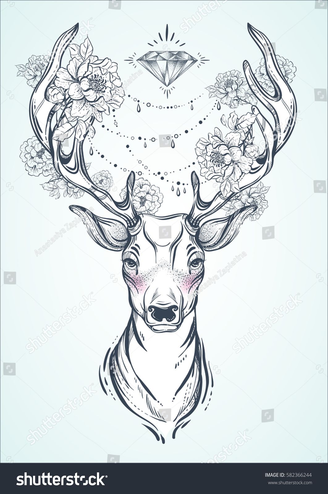1062x1600 Beautiful Hand Drawn Tribal Style Deer. Vector Deer Head Decorated