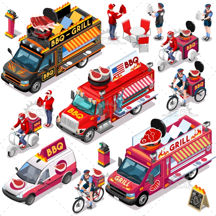690x690 Food Truck Van Bbq Grill Delivery Vector Isometric Vehicle Bundl