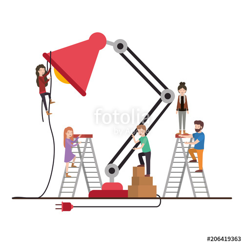 500x500 Minipeople Team Working In Desk Lamp Vector Illustration Design