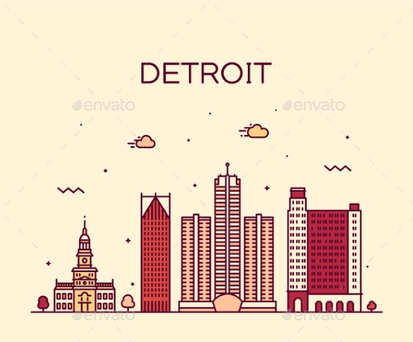 590x489 Detroit City Skyline Michigan Usa Vector Line City By Gropgrop